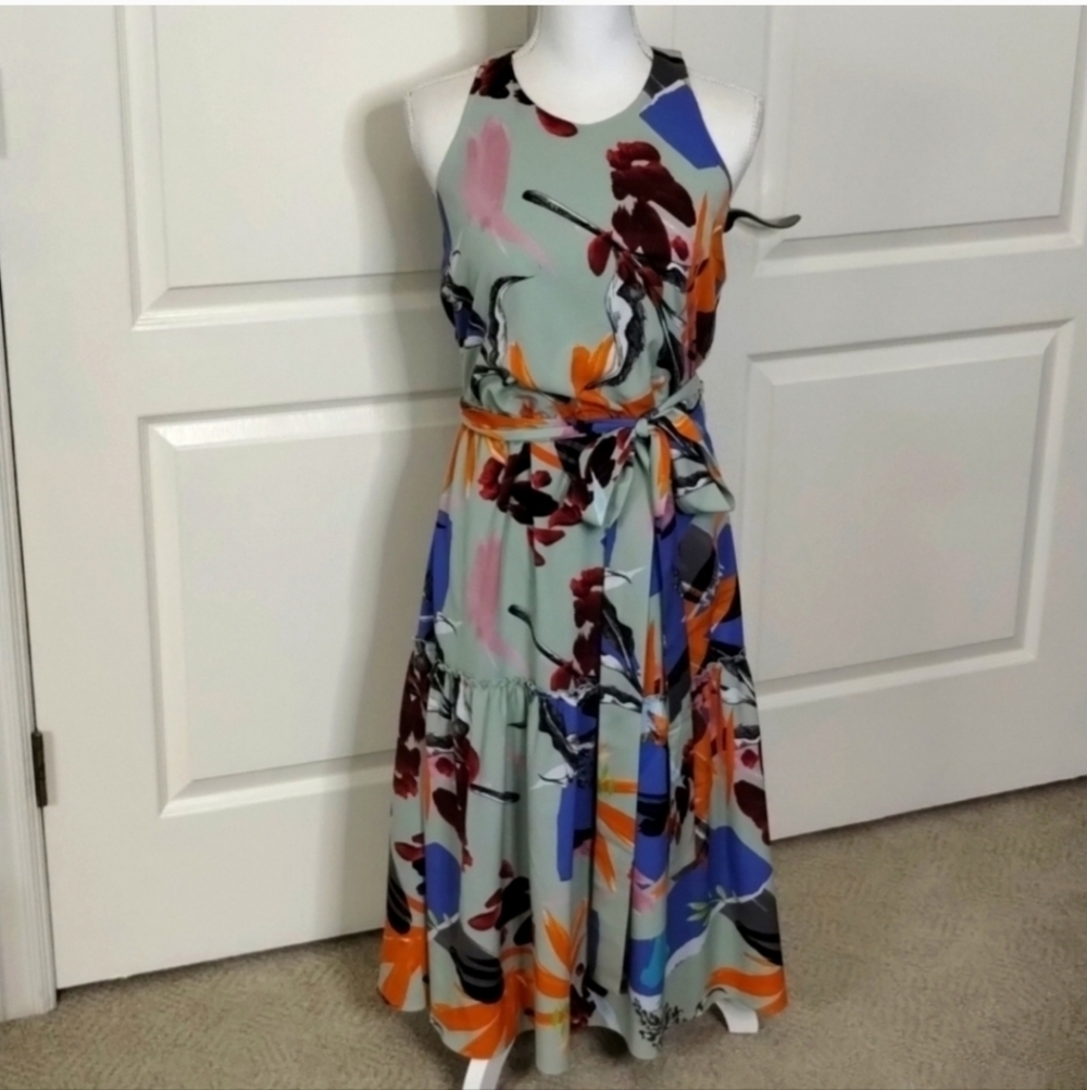 Slate & Willow green floral midi dress sleeveless size 0 blue orange maroon